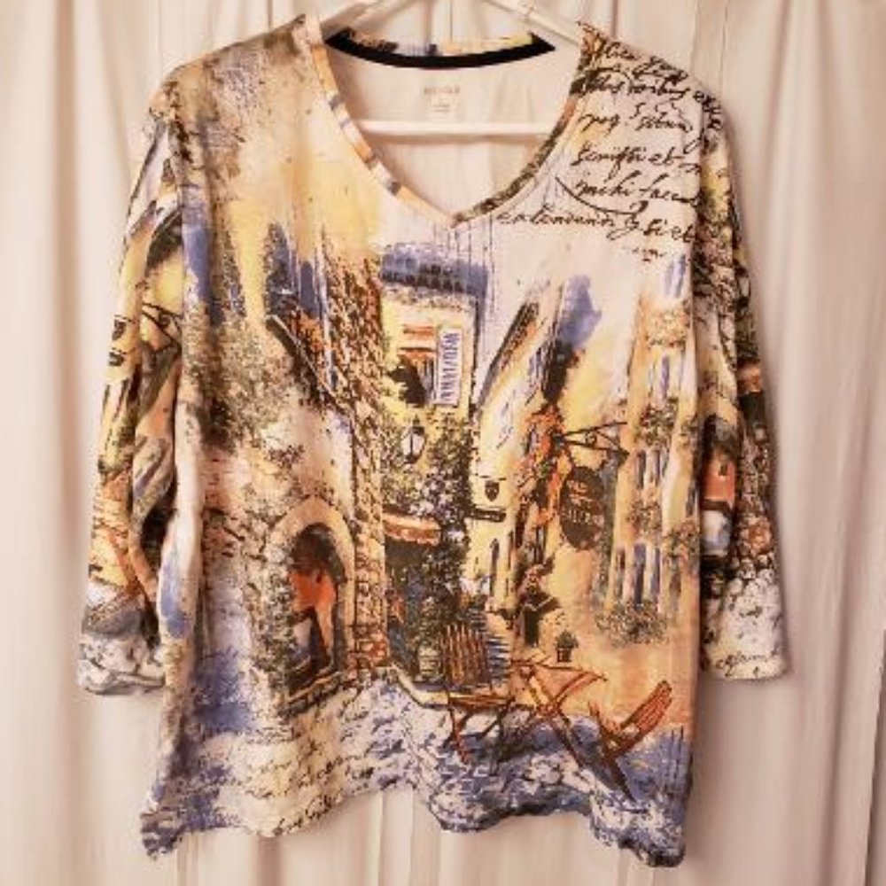Embellished V-neck 3/4 Sleeve Street Scene Top 3X